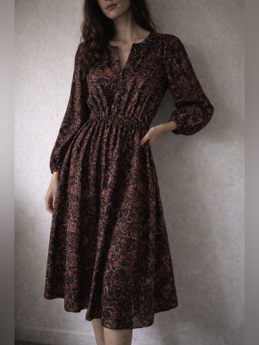 Ulla Johnson Brown Floral Midi Dress Prairie Boho Long Sleeve Size 0 Cottagecore